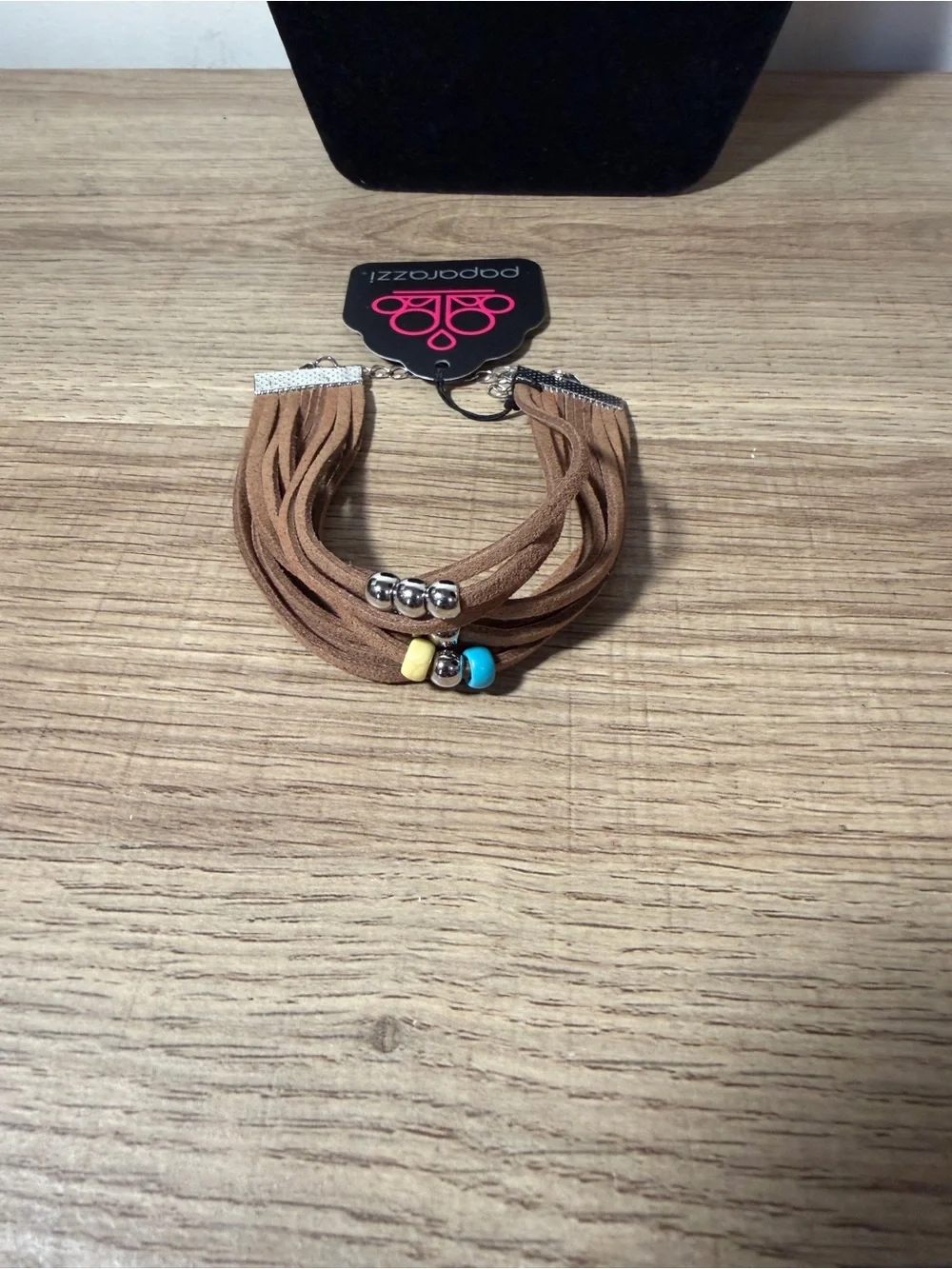 paparazzi Brown Suede Multi-Strand Bracelet with Yellow & Turquoise Accents